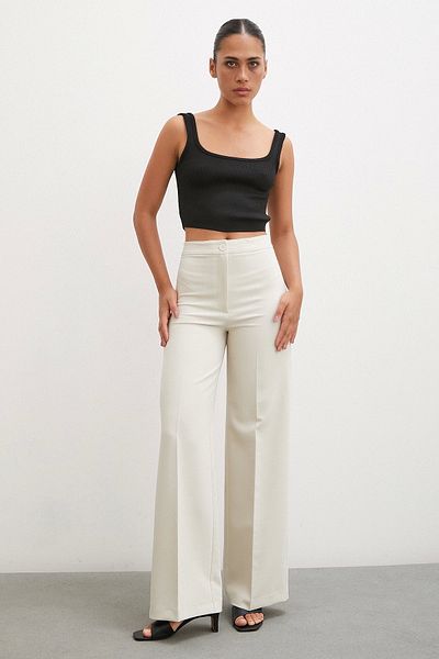 Never more High Waist and Wide Leg Pleated Cream Trousers