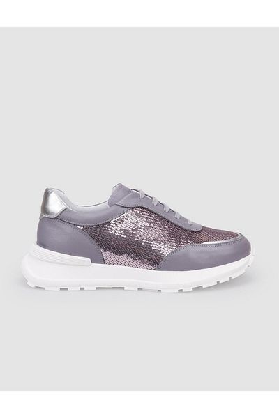 Cabani 100% Genuine Leather Gray Lace-Up Sequin Detailed Women's Sports Shoes