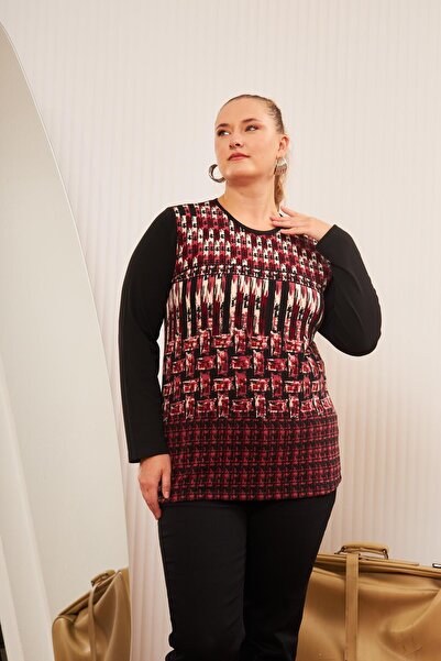 RMG Plus Size Patterned Knitwear Blouse Claret Red
