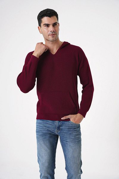 CHUBA Men's Thessaloniki Knitted Hooded and Pocketed Standard Cut Knitwear Sweater Claret Red 25W2002