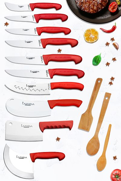 LAZBİSA Silver Series Kitchen Knife Set Row Crescent Pastry Knife and Montessev Wooden Spoon Set (13 Pieces)