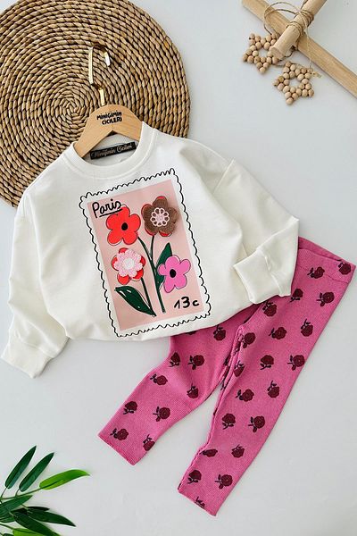Minigimin Cicileri Pink My Little Flowers Floral Leggings - Paris Printed 2-Piece Girl's Set