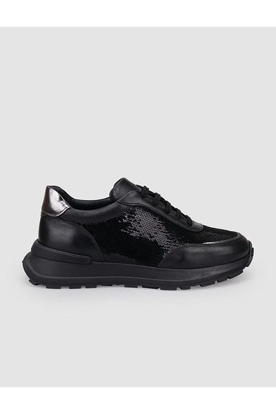 Cabani 100% Genuine Leather Black Lace-Up Sequin Detailed Women's Sports Shoes