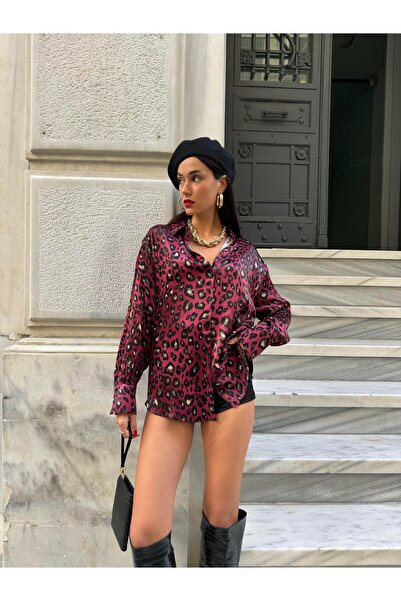 minaaise Női bordó bolyhos szatén leopárdmintás ing 28089