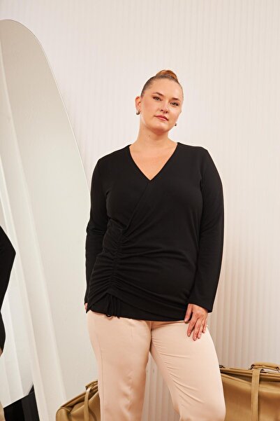 RMG Plus Size V-Neck Gathered Blouse Black