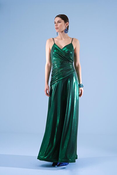 EXPLOSION Simli Parlak Örme Askılı MAksi Boy Elbise