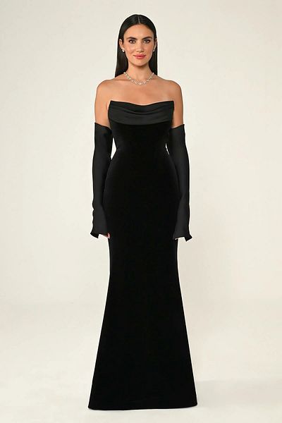ALFABETA Women's Strapless Collar Long Tulle Sleeve Detailed Black Evening Dress & Graduation Dress Ab6835-Black