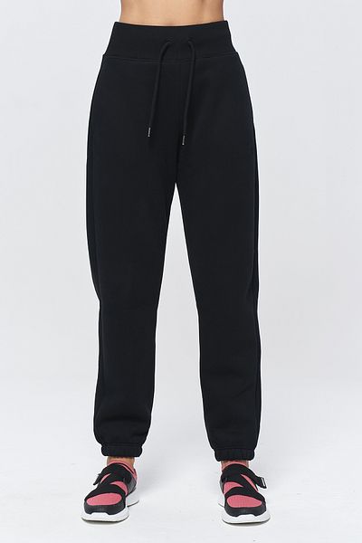 bilcee Pantaloni de trening negri din lână periată - 3 fire, picior elastic, potrivire liberă 9805