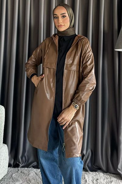 julude Εποχιακή καμπαρντίνα Hijab Faux Leather με κουκούλα και φερμουάρ