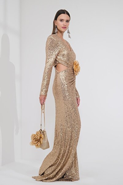 EXPLOSION Çiçek Aksesuarlı Cut Out Maksi Boy Payet Abiye Elbise