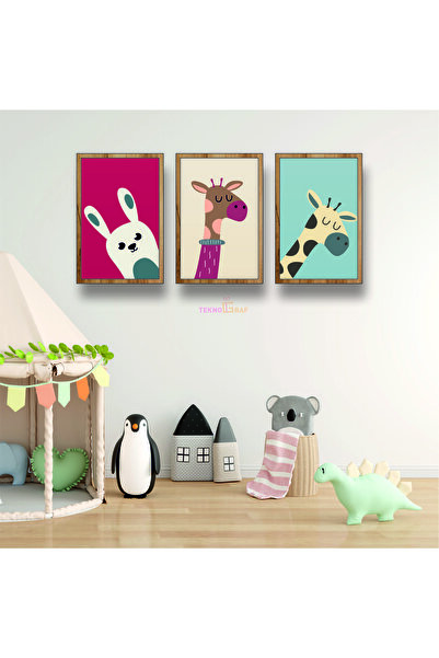 Teknograf Sevimli Hayvanlar Zürafa ve Tavşan Tasarımlı 3 Parçalı Ahşap Tablo