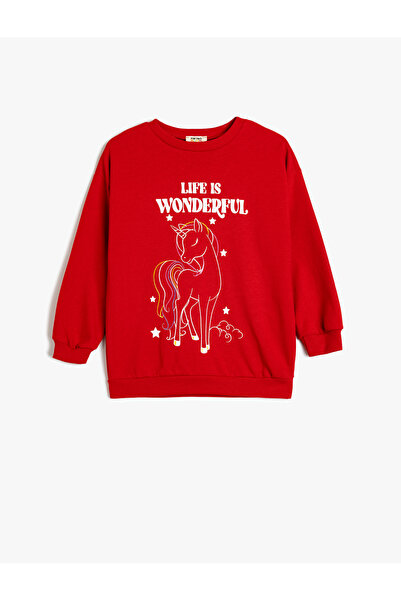 Koton Slogan Printed Sweatshirt Boxy Crew Neck Raised Cotton
