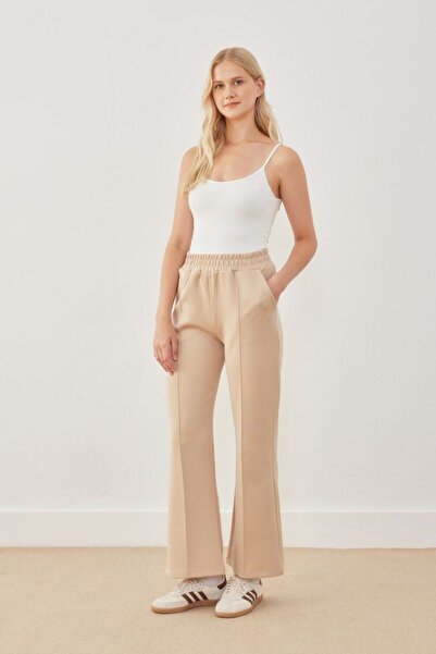 SENA İŞLEK BUTİK Beli Lastikli Premium Kalite Scuba Pantolon Bej