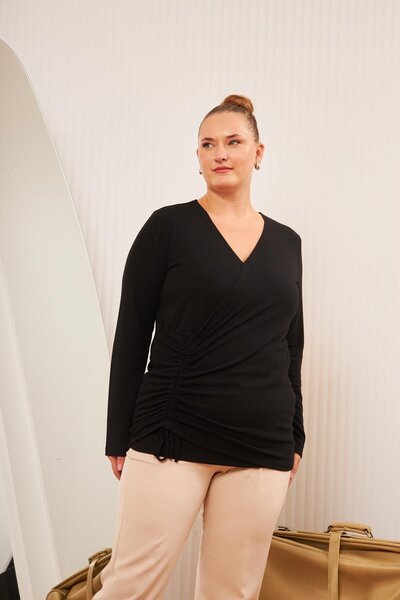 RMG Plus Size V-Neck Gathered Blouse Black