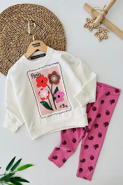 Minigimin Cicileri Pink My Little Flowers Floral Leggings - Paris Printed 2-Piece Girl's Set