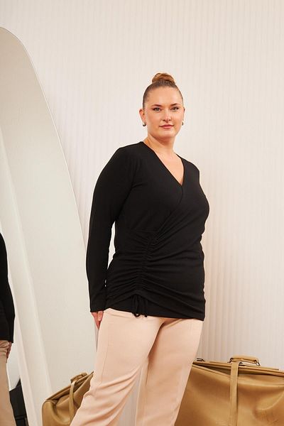 RMG Plus Size V-Neck Gathered Blouse Black