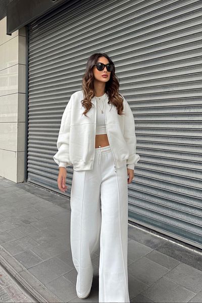 XXL BUTİK Women's White Pants Sweat Bottom Top Tracksuit Set