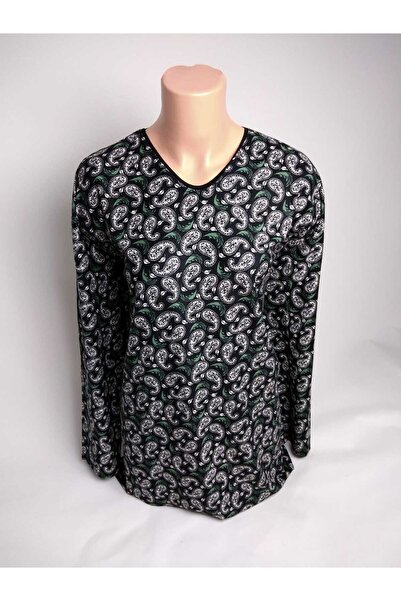 YAŞAR TRİKO المرأة أسود أخضر منقوشة الخامس الرقبة طويلة الأكمام الجانبين الشق...