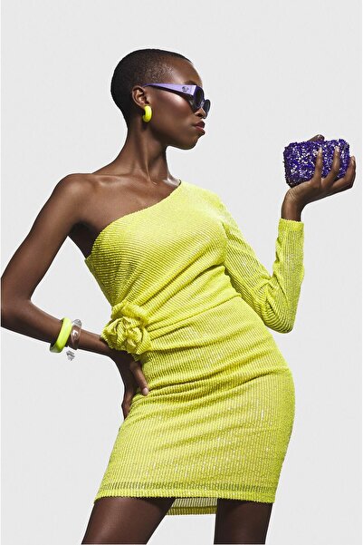 EXPLOSION Payet Tek Kollu Çiçek Detaylı Abiye Mini Elbise