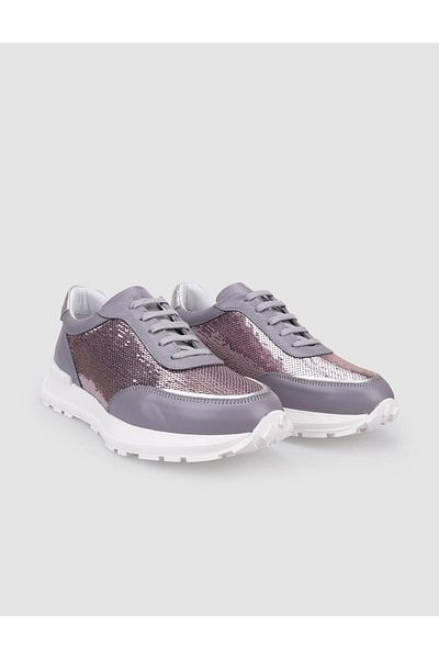Cabani 100% Genuine Leather Gray Lace-Up Sequin Detailed Women's Sports Shoes