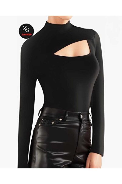 Zagrep Дамски черен боди от копринен джърси с полу яка и преден прозорец, двуслоен, неразкриващ