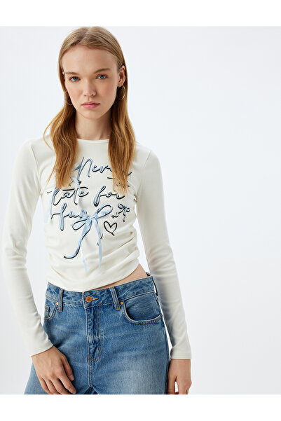 Koton Μακρυμάνικο μπλουζάκι με φιόγκο σύνθημα με στάμπα Crew Neck Slim Fit