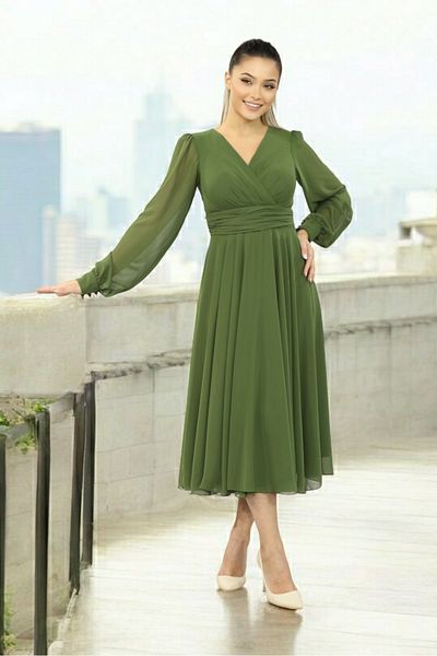 FaBe Fashion Long Sleeve Covered Back Double Breasted Collar Midi Chiffon Dress