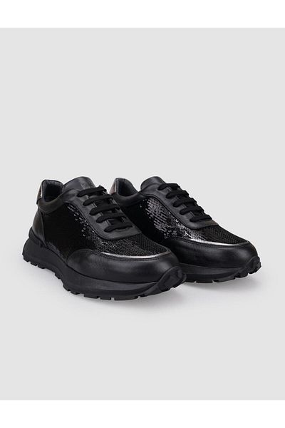 Cabani 100% Genuine Leather Black Lace-Up Sequin Detailed Women's Sports Shoes
