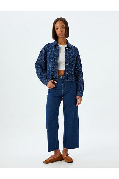 Koton Jeweled Jeans Jacket Klasický límec s kapsami na knoflíky