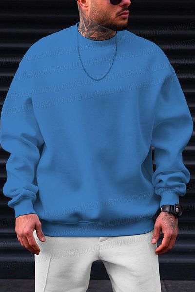 Millionaire Μπλε ανδρικό φούτερ Oversize Fleece - Crew Neck, Unprinted, Loose Fit