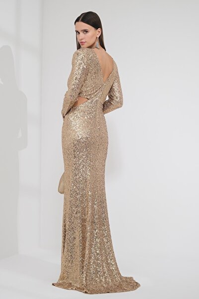 EXPLOSION Çiçek Aksesuarlı Cut Out Maksi Boy Payet Abiye Elbise