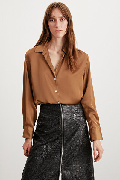 GRIMELANGE Sheila Γυναικείο Premium Σατέν - Μακρυμάνικο πουκάμισο με χαλαρή εφαρμογή χωρίς τσέπη καφέ