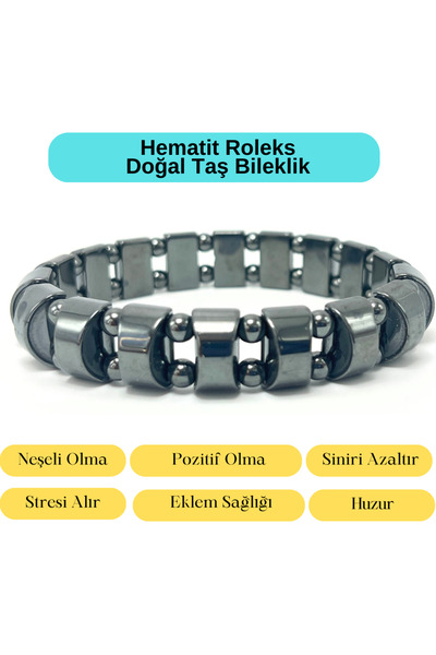 YILDIZ DOĞAL TAŞ Sertifikalı Hematit Roleks Kesim ve 6mm Doğal Taş Bileklik