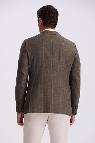 Jakamen Brown Slim Fit Swallow Collar Striped Linen Cotton Seasonal Jacket