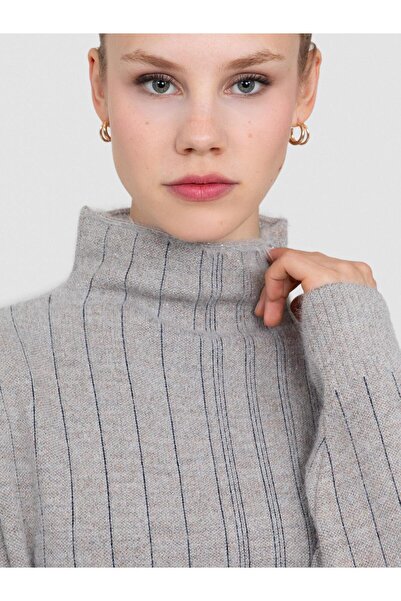 Serianno Yün Karışımlı Zıt Renk Şeritli Dik Yaka Kazak Tnk8346bej