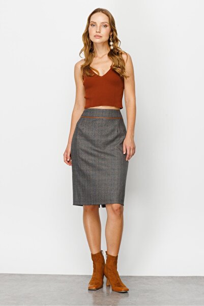 Moda İlgi Modailgi Korsajı Deri Biyeli Ekose Etek Orijinal