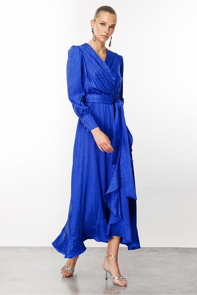 Moda İlgi Φόρεμα Saks Blue Jacquard Διπλό Μοντάλγκι