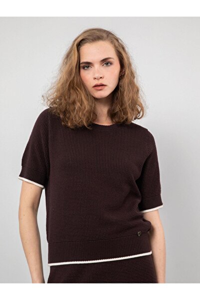 Serianno Organik Pamuk Karışımlı Zıt Renk Detaylı Kazak Kzk9498kahve