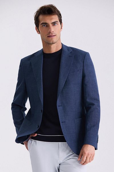 Jakamen Dark Navy Slim Fit Mono Collar Linen Sports Jacket