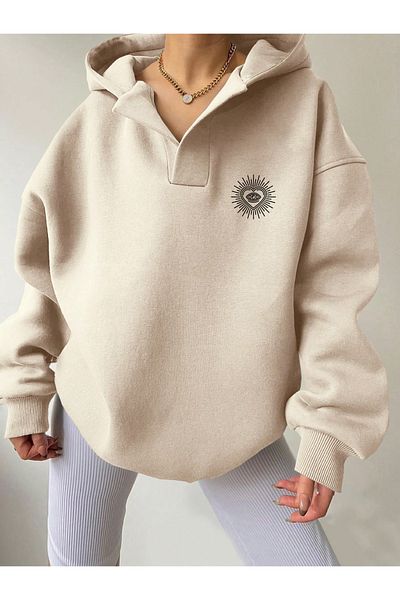 Deocept Hanorac oversize unisex, bej, cu decolteu în V, cu glugă