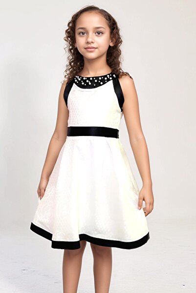 Riccotarz Kız Çocuk Göğsü İnci Boncuk Beli ve Etek Ucu Şerit Detaylı Beyaz Saten Elbise