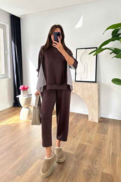 BİRCANÇİL طقم بنطلون سويت شيرت مودال مزين باللون البني من Sevsan