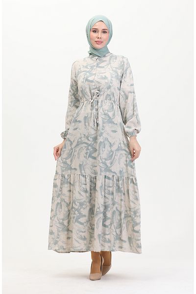 sefamerve Buttoned Front Lace up Linen Dress 0520A-01 Beige Green