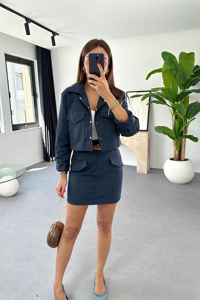 BİRCANÇİL Sileya Navy Blue Belt Detailed Jacket-Skirt Set