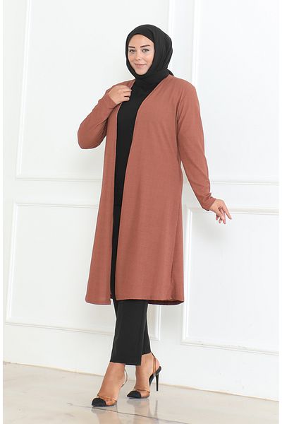 sefamerve Large Size Draped Long Seasonal Cardigan 8740-01 Brown