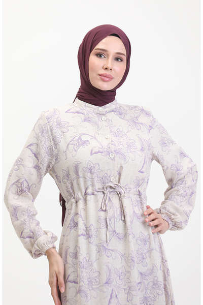sefamerve Önden Düğmeli Bağcıklı Keten Elbise 0520-03 Bej Lila