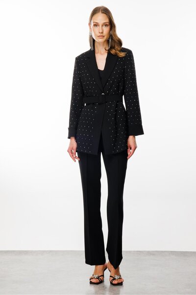 Moda İlgi Modailgi  Taş Dizgili Beli Kemerli Atletli Ceket Siyah