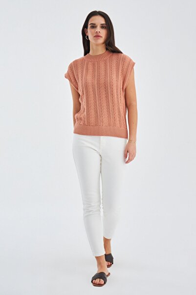 Peraluna Sima Blouse Ajur Detaylı Düşük Kollu Yazlık Kadın Triko Bluz - Somon