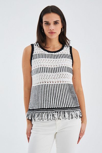 Peraluna Kıyo Blouse Tassel Detailed Sleeveless Summer Women's Knitwear Blouse - Ecru/Black