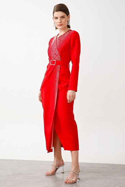 Moda İlgi Modailgi Taş Detaylı Uzun Elbise Kırmızı